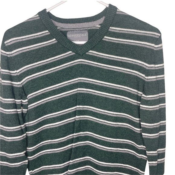 Aeropostale Vintage V Neck Green Striped Pullover Knit Sweater Size Small - Picture 1 of 5